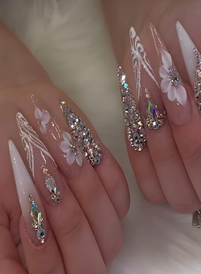 CJDLTS French Tip Press on Nails Long Length Rhinestones False Nail Flower Glitter Powder Stripes Design Full Cover Artificial Almond Stick on Nails Nude Acrylic Glue on Nail for Women Manicure 24Pcs - Image 1